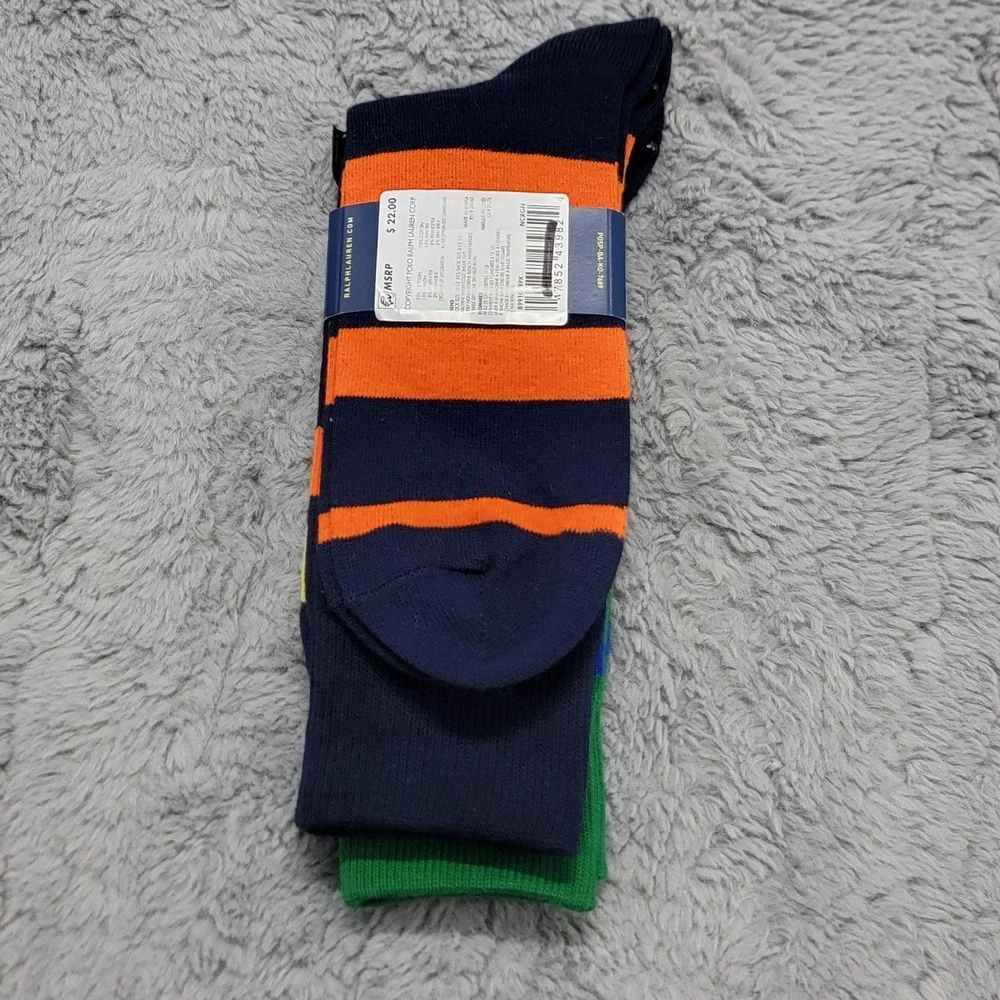 Polo Ralph Lauren Socks Mens 10-13 Green Navy Rugby Stripe Pony Crew 2 Pairs